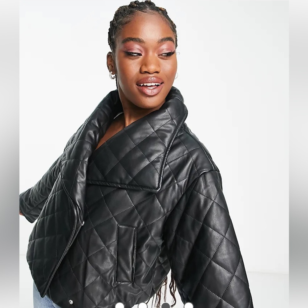 ASOS Design Quilted Black Faux leather cropped Jacket double breasted size XS